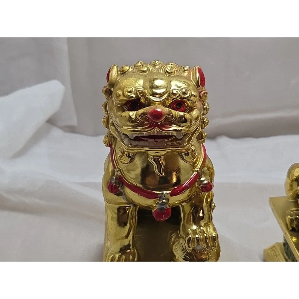 Vtg Pair Chinese Guardian‎ Foo Dogs, gold plated possibly bronze heavy 7